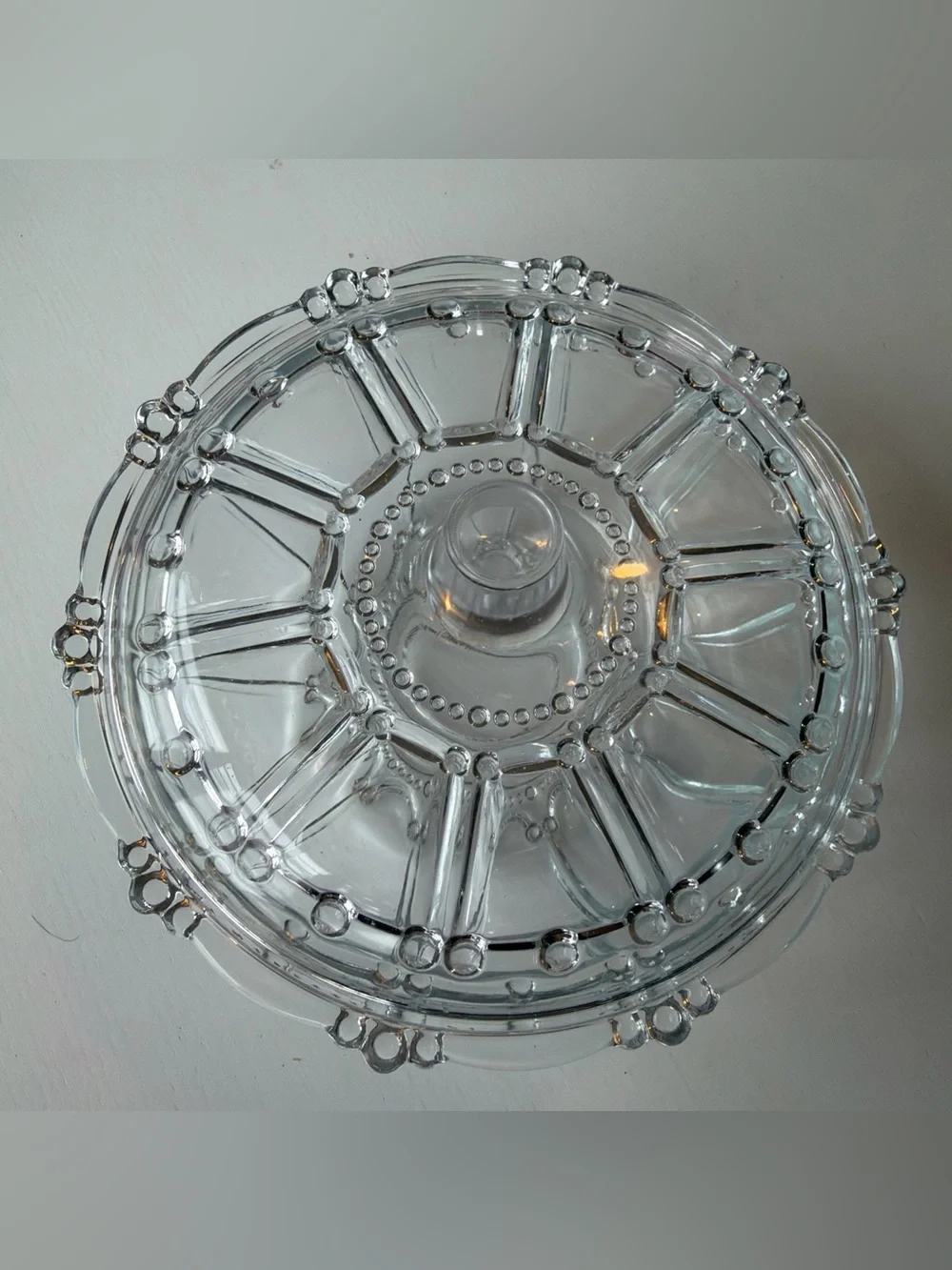 Vintage Clear Glass Covered Candy Dish Trinket Jewelry Bowl Beaded Lid 7”